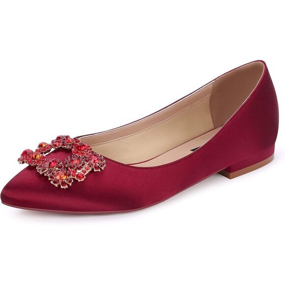 Erijunor Flat Shoes Women Red Satin RhinestonePointy Toe Slip On Comfort Shoes